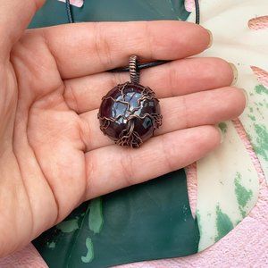 Handmade Garnet Tree of Life Pendant in Copper Wire